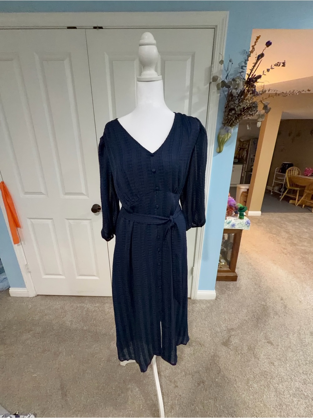 LC Lauren Conrad Navy Textured V-Neck Button-Front Midi Dress